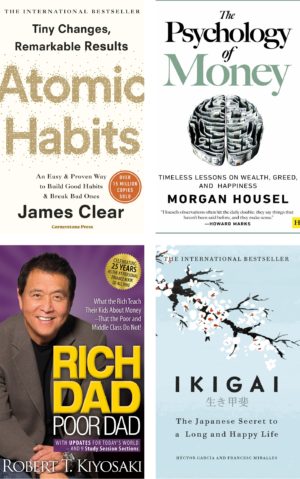 Combo of 4 Bestselling Books: Atomic Habits + The Psychology of Money + Rich Dad Poor Dad + Ikigai